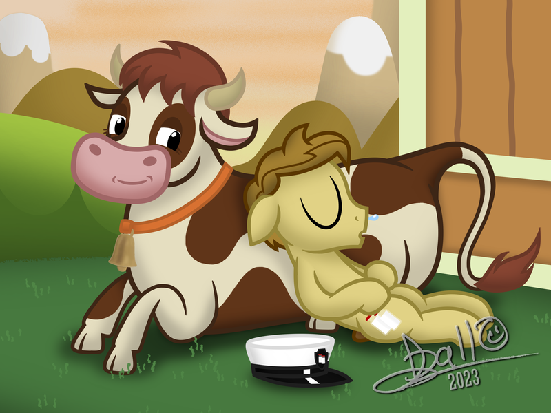 Size: 3264x2448 | Tagged: safe, artist:tidmouthmilk12, derpibooru import, oc, oc:tidmouth milk, unofficial characters only, cow, earth pony, pony, atg 2023, bell, cowbell, duo, field, grass, hat, horns, image, lying down, newbie artist training grounds, png, signature, sleeping, sunset