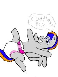Size: 512x680 | Tagged: suggestive, artist:cavewolfphil, derpibooru import, oc, oc:thunder heart, pegasus, pony, abdl, diaper, diaper fetish, fetish, image, legs in air, lying down, male, non-baby in diaper, png, simple background, smiling, speech bubble, stallion, white background