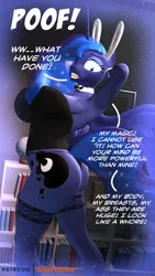 Size: 2160x3840 | Tagged: suggestive, artist:supercasket, derpibooru import, princess luna, bunny ears, bunny suit, clothes, dialogue, female, image, jpeg, magic, poof