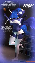 Size: 2160x3840 | Tagged: suggestive, artist:supercasket, derpibooru import, princess luna, anthro, breasts, bunny ears, bunny suit, cloth, clothes, dialogue, feet, female, image, jpeg, magic, poof, shocked, shocked expression, socks, stocking feet