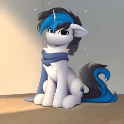 Size: 1597x1601 | Tagged: safe, artist:little-sketches, derpibooru import, oc, oc:solar gizmo, pony, unicorn, chest fluff, clothes, commission, horn, image, looking at you, male, png, scarf, sitting, smiling, smiling at you, solo, stallion, unicorn oc
