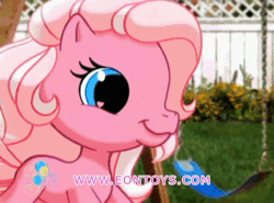 Size: 600x443 | Tagged: safe, derpibooru import, official, pinkie pie (g3), earth pony, human, pony, animated, backyard, child, commercial, duo, duo female, eon toys, female, fence, frame by frame, g3.5, gif, image, irl, irl human, mare, photo, plane, rainbow, swing, target demographic, tree