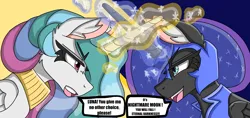 Size: 5000x2357 | Tagged: safe, artist:cuddlelamb, derpibooru import, nightmare moon, princess celestia, princess luna, alicorn, pony, crossed horns, dialogue, fight, glow, glowing horn, horn, horns are touching, image, magic, png, speech bubble