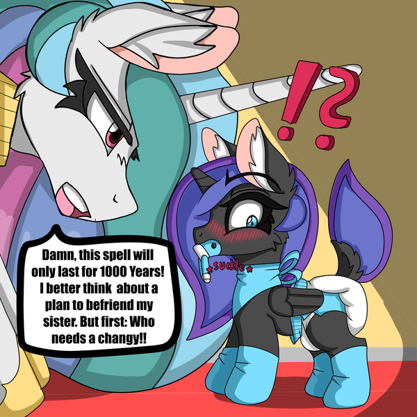 Size: 5000x5000 | Tagged: safe, artist:cuddlelamb, derpibooru import, nightmare moon, princess celestia, princess luna, alicorn, pony, age regression, blushing, clothes, dialogue, diaper, exclamation point, female, filly, foal, image, interrobang, nightmare woon, pacifier, png, question mark, socks, speech bubble, younger
