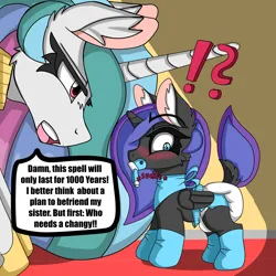 Size: 5000x5000 | Tagged: safe, artist:cuddlelamb, derpibooru import, nightmare moon, princess celestia, princess luna, alicorn, pony, age regression, blushing, clothes, dialogue, diaper, exclamation point, female, filly, foal, image, interrobang, nightmare woon, pacifier, png, question mark, socks, speech bubble, younger