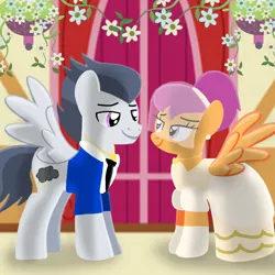 Size: 1400x1400 | Tagged: safe, artist:mlplary6, derpibooru import, rumble, scootaloo, pegasus, pony, bride, clothes, dress, female, flower, groom, husband and wife, image, looking at each other, looking at someone, male, mare, marriage, older, older rumble, older scootaloo, png, rumbloo, shipping, smiling, smiling at each other, smoking, stallion, straight, wedding, wedding dress