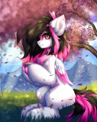 Size: 1800x2250 | Tagged: safe, artist:mysha, artist:shinoshai, derpibooru import, oc, oc:lunylin, unofficial characters only, pegasus, pony, background, cherry blossoms, chest fluff, collar, colored wings, ear fluff, female, flower, flower blossom, fluffy, folded wings, green tea, hairclip, image, jpeg, looking at you, mare, pegasus oc, smiling, solo, tree, two toned mane, two toned wings, wings