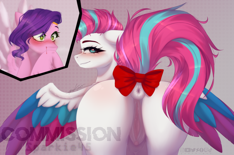 Size: 2556x1700 | Tagged: explicit, artist:sparkie45, derpibooru import, pipp petals, zipp storm, pegasus, pony, g5, anatomically incorrect, anus, blood, bow, commission, commission example, commission open, female, image, incest, lesbian, nosebleed, nudity, pippzipp, png, presenting, royal sisters (g5), shipping, siblings, sisters, tail bow, vulva, ych result, your character here