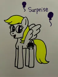 Size: 3024x4032 | Tagged: safe, artist:skylarkdrawing68, derpibooru import, surprise, pegasus, pony, g1, adoraprise, balloon, cute, female, g1 to g4, g4, generation leap, image, jpeg, mare, open mouth, open smile, simple background, smiling, solo, traditional art, white background