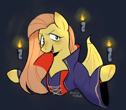 Size: 611x530 | Tagged: safe, artist:bertymchale, derpibooru import, fluttershy, pegasus, pony, undead, vampire, blue background, candle, fangs, image, jpeg, simple background, solo, vampire costume
