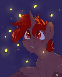 Size: 1560x1940 | Tagged: safe, artist:jewellier, derpibooru import, oc, oc:hardy, alicorn, firefly (insect), insect, pony, admiration, admiring, blushing, image, male, night, png, solo, stallion, watching, wing fluff, wings, wings down