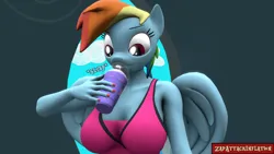 Size: 1920x1080 | Tagged: safe, artist:zapattackinflation, derpibooru import, rainbow dash, anthro, pegasus, pony, series:rainbow dash and the grimace shake catastrophe, 3d, breasts, busty rainbow dash, clothes, drink, grimace shake, image, mcdonald's, meme, milkshake, moments before disaster, onomatopoeia, photo, png, slurping, source filmmaker, sports bra, text, watermark