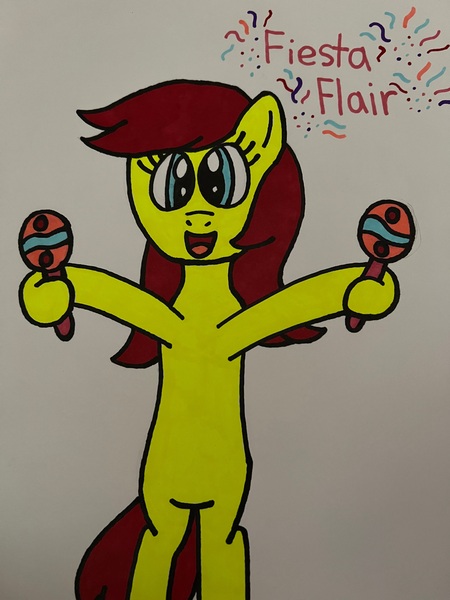 Size: 3024x4032 | Tagged: safe, artist:skylarkdrawing68, derpibooru import, fiesta flair, earth pony, pony, g3, bipedal, confetti, cute, dexterous hooves, female, fiestabetes, g3 to g4, g4, generation leap, image, jpeg, maracas, mare, mexican, musical instrument, open mouth, open smile, simple background, smiling, solo, streamer, traditional art, white background