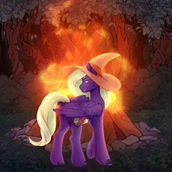 Size: 2000x2000 | Tagged: safe, artist:dereketto, derpibooru import, oc, oc:timid poker, unofficial characters only, pegasus, pony, bonfire, clothes, female, fire, forest, hat, image, looking at you, looking back, looking back at you, nature, pegasus oc, png, rock, smiling, smirk, solo, tree, wings, witch hat