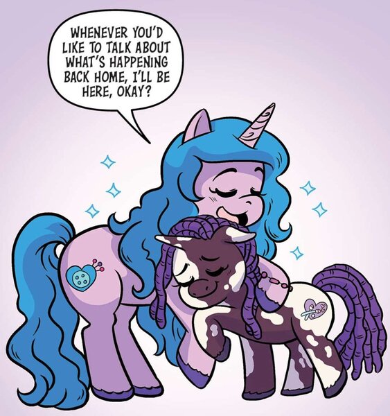 Size: 1078x1149 | Tagged: safe, derpibooru import, idw, izzy moonbow, violette rainbow, pony, unicorn, g5, spoiler:comic, comic, cute, dialogue, dreadlocks, female, filly, foal, hug, image, izzybetes, jpeg, violettebetes