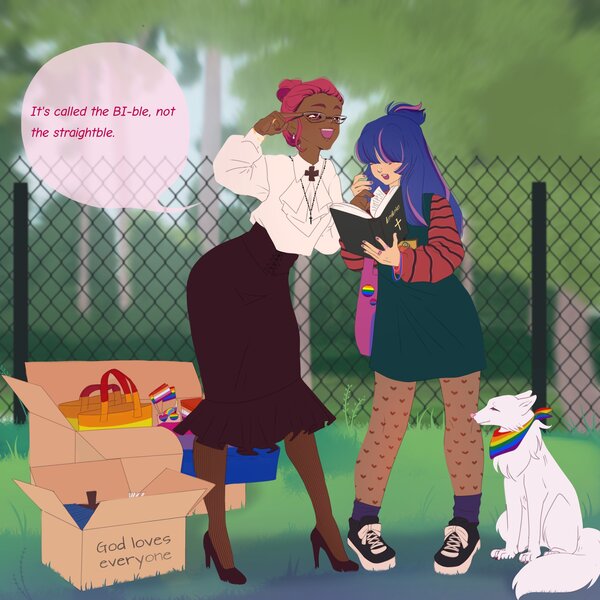 Size: 2048x2048 | Tagged: safe, artist:cryweas, derpibooru import, oc, oc:estella sparkle, oc:venus red heart, unofficial characters only, fox, human, bag, bible, bisexual pride flag, book, box, bracelet, christianity, clothes, commission, converse, cross, dark skin, duo, ear piercing, earring, eyebrow piercing, female, fence, fishnets, gay pride flag, glases, glasses, hair over eyes, high heels, humanized, humanized oc, image, jewelry, jpeg, kitsune, lesbian pride flag, nail polish, necklace, nonbinary pride flag, nose piercing, nose ring, not pony related, offspring, open mouth, overalls, pansexual pride flag, parent:flash sentry, parent:twilight sparkle, parents:flashlight, piercing, pride, pride flag, pride month, religion, ring, shirt, shoes, skirt, socks, stockings, thigh highs, tree