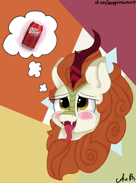 Size: 1745x2340 | Tagged: suggestive, artist:derpy_fan, derpibooru import, autumn blaze, kirin, pony, ahegao, blushing, dr pepper, female, image, mare, open mouth, png, solo, teary eyes, tongue out