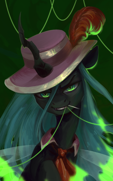 Size: 1227x1956 | Tagged: safe, artist:jewellier, derpibooru import, queen chrysalis, changeling, changeling queen, pony, bust, clothes, fangs, feather, female, fire, green fire, hat, image, implied coco pommel, looking at you, mare, menacing, mouth hold, needle, png, portrait, simple background, thread