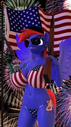 Size: 1080x1920 | Tagged: suggestive, artist:kamimation, derpibooru import, oc, oc:kam pastel, anthro, pegasus, 3d, 4th of july, amputee, background, big breasts, bikini, blender, breasts, clothes, cutie mark, flag, flag desecration, flag pole, glow, glowing eyes, gun, handgun, hat, holiday, image, png, prosthetic limb, prosthetics, revolver, smiling, smirk, solo, spread wings, sunglasses, swimsuit, united states, weapon, wings