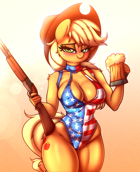 Size: 3100x3800 | Tagged: questionable, artist:heavymetalbronyyeah, derpibooru import, applejack, anthro, earth pony, 4th of july, absolute cleavage, american flag, american independence day, amerijack, applejack's hat, blushing, breasts, busty applejack, cameltoe, cider, cleavage, clothes, cowboy hat, erect nipples, female, flag, flag desecration, gradient background, gun, hat, holiday, image, legs together, murica, nipple outline, one-piece swimsuit, png, shotgun, solo, solo female, swimsuit, weapon