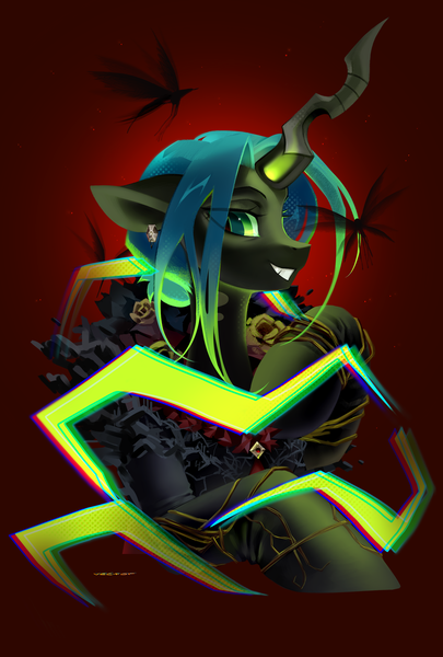 Size: 1500x2220 | Tagged: safe, artist:zlatavector, derpibooru import, queen chrysalis, alicorn, changeling, changeling queen, insect, pony, wasp, equestria girls, mirror magic, spoiler:eqg specials, cadaver wasps, clothes, crossover, delilah copperspoon, dishonored, fangs, female, flower, image, looking at you, magic, mare, mirror, png, queen, rose, smiling, smiling at you, solo, transformation
