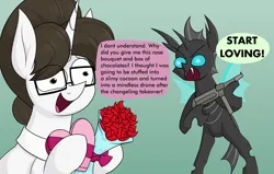 Size: 2508x1596 | Tagged: safe, alternate version, artist:moonatik, derpibooru import, raven, changeling, pony, unicorn, abstract background, angry, bouquet of flowers, box of chocolates, changeling domination, confused, dialogue, duo, female, flower, glasses, gradient background, hair bun, heart, image, male, mare, meme, mp40, png, ponified meme, rose, speech bubble, wings