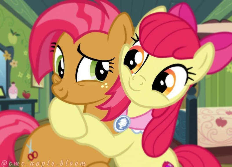 Size: 1080x779 | Tagged: safe, derpibooru import, apple bloom, babs seed, earth pony, pony, cousins, duo, female, hug, image, jpeg, mare, older, older apple bloom, older babs seed