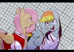 Size: 1080x766 | Tagged: safe, artist:bertymchale, derpibooru import, fluttershy, rainbow dash, pegasus, pony, clothes, duo, fence, folded wings, image, jacket, jpeg, looking at each other, looking at someone, spread wings, varsity jacket, wings