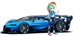 Size: 1520x760 | Tagged: safe, artist:twilirity, derpibooru import, rainbow dash, equestria girls, equestria girls series, blue, bugatti, car, clothes, converse, equestria girls 10th anniversary, female, geode of super speed, hoodie, image, jacket, magical geodes, pants, png, pose, shoes, simple background, solo, sports car, transparent background