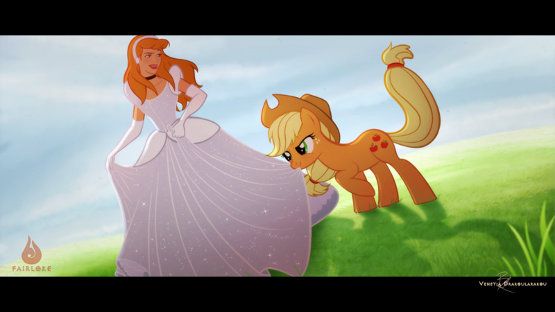 Size: 3840x2160 | Tagged: safe, artist:fairloke, derpibooru import, applejack, human, pony, applejack's hat, biting, cinderella, clothes, cowboy hat, crossover, cute, disney, disney princess, dress, gown, grass, grass field, hairband, hat, image, jackabetes, loose hair, playing, png, pulling, skirt, skirt pull, tug of war