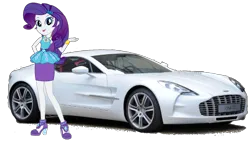 Size: 1520x855 | Tagged: safe, artist:twilirity, derpibooru import, rarity, equestria girls, equestria girls series, aston martin, car, clothes, equestria girls 10th anniversary, female, geode of shielding, high heels, image, magical geodes, png, pose, rarity peplum dress, shoes, simple background, solo, sports car, transparent background, white