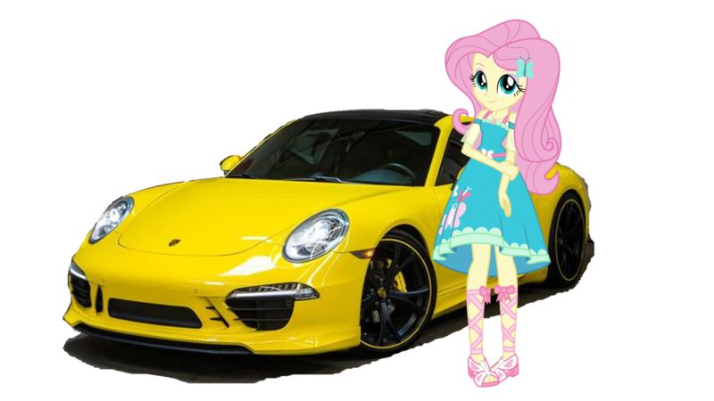 Size: 1520x855 | Tagged: safe, artist:twilirity, derpibooru import, fluttershy, equestria girls, equestria girls series, car, clothes, dress, equestria girls 10th anniversary, female, geode of fauna, image, magical geodes, png, porsche, pose, sandals, shoes, simple background, solo, sports car, transparent background, yellow