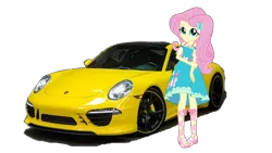 Size: 1520x855 | Tagged: safe, artist:twilirity, derpibooru import, fluttershy, equestria girls, equestria girls series, car, clothes, dress, equestria girls 10th anniversary, female, geode of fauna, image, magical geodes, png, porsche, pose, sandals, shoes, simple background, solo, sports car, transparent background, yellow