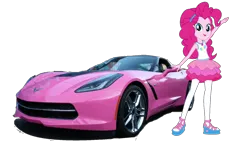 Size: 1520x855 | Tagged: safe, artist:twilirity, derpibooru import, pinkie pie, equestria girls, equestria girls series, car, chevrolet corvette, clothes, corvette, equestria girls 10th anniversary, female, geode of sugar bombs, image, magical geodes, pink, png, pose, simple background, solo, sports car, transparent background