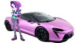 Size: 1520x855 | Tagged: safe, artist:rodan00, derpibooru import, starlight glimmer, equestria girls, mirror magic, spoiler:eqg specials, beanie hat, boots, car, clothes, crossed arms, image, jacket, lavender, mclaren, pants, png, purple, ripped pants, shoes, simple background, solo, sports car, torn clothes, transparent background, watch, wristwatch