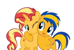 Size: 1082x739 | Tagged: safe, artist:mlpfan3991, derpibooru import, sunset shimmer, oc, oc:flare spark, pegasus, pony, unicorn, female, flareset, hoof around neck, hug, image, lesbian, one eye closed, png, shipping, simple background, smiling, transparent background, wink