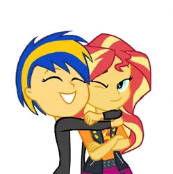 Size: 1280x1284 | Tagged: safe, artist:mlpfan3991, derpibooru import, sunset shimmer, oc, oc:flare spark, equestria girls, arms around neck, clothes, crossed arms, eyes closed, female, flareset, hug, image, jacket, lesbian, one eye closed, png, shipping, simple background, smiling, transparent background, wink
