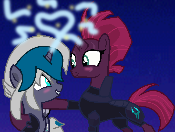 Size: 717x544 | Tagged: safe, artist:jadeharmony, artist:lilith1light, derpibooru import, tempest shadow, oc, oc:elizabat stormfeather, alicorn, bat pony, bat pony alicorn, pony, unicorn, 4th of july, alicorn oc, armor, base used, bat pony oc, bat wings, blue background, blushing, canon x oc, cute, duo, female, fireworks, grin, heart, holiday, hoof shoes, horn, hug, image, lesbian, looking at each other, looking at someone, mare, png, shipping, simple background, smiling, stormshadow, wings