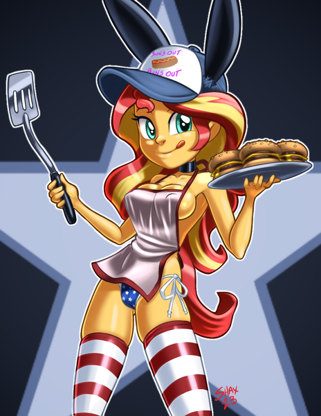 Size: 850x1100 | Tagged: questionable, artist:shaxbert, derpibooru import, part of a set, sunset shimmer, equestria girls, apron, breasts, bunny ears, burger, clothes, erect nipples, food, hamburger, image, nipple outline, nipples, nudity, panties, png, sideboob, spatula, tongue out, underwear