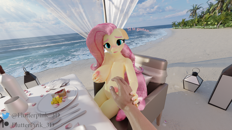 Size: 3840x2160 | Tagged: questionable, artist:flutterpink_3d, derpibooru import, fluttershy, anthro, art pack:burras calientes, 3d, beach, big breasts, blender, blender cycles, breast grab, breasts, burras calientes:edicion verano, busty fluttershy, female, grope, image, looking at you, nipples, nudity, png, sitting, smiling, smiling at you, spanish, spanish text