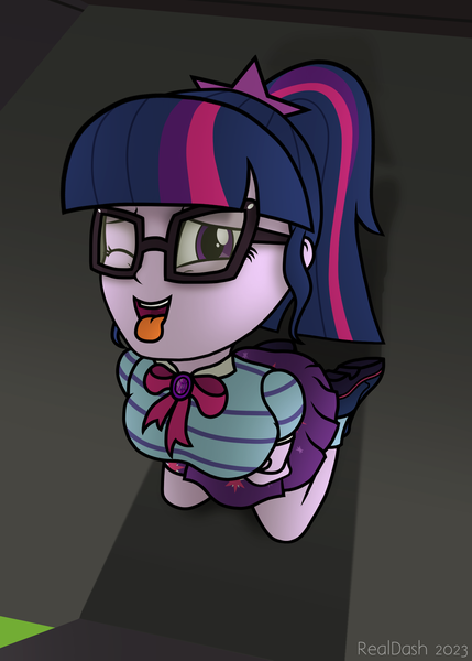 Size: 1500x2100 | Tagged: suggestive, alternate version, artist:realdash, derpibooru import, sci-twi, twilight sparkle, human, equestria girls, arm under breasts, bleachers, bowtie, clothes, cute, cutie mark, cutie mark on clothes, equestria girls 10th anniversary, female, high res, humanized, image, kneeling, looking at you, one eye closed, png, sci-twiabetes, sexy, simple background, skirt, smiling, solo, solo female, stupid sexy sci-twi, tongue out, wink