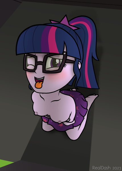 Size: 1500x2100 | Tagged: questionable, alternate version, artist:realdash, derpibooru import, sci-twi, twilight sparkle, oc, human, equestria girls, bleachers, blushing, breasts, clothes, cute, cute porn, cutie mark, cutie mark on clothes, equestria girls 10th anniversary, feet, female, glasses, high res, humanized, image, kneeling, looking up, nipples, nudity, one eye closed, partial nudity, png, reasonably sized breasts, sci-twiabetes, sex, sexy, skirt, smiling, solo, solo female, tongue out, topless