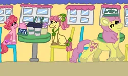 Size: 1250x750 | Tagged: safe, artist:mintwhistle, derpibooru import, posey (g5), sky skimmer, earth pony, pegasus, pony, g2, g5, atg 2023, bow, cafe, chair, coat markings, coffee, coffee cup, coffee shop, colored hooves, cup, drinking straw, eyes closed, female, folded wings, food, friendship, frozen yogurt, g2 to g5, generation leap, hair bow, happy, hat, ice cream, image, jewelry, mare, medibang paint, necklace, newbie artist training grounds, one eye closed, png, posey catches a break, sitting, smiling, socks (coat marking), table, tail, tail bow, trio, trio female, unshorn fetlocks, walking, window, windy (g5), wings, wink, yogurt