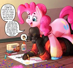 Size: 4500x4185 | Tagged: safe, artist:lycantrin, derpibooru import, pinkie pie, earth pony, human, pony, colored hooves, crayon, crayon drawing, cute, drawing, duo, female, glitter, glue, humanoid, image, indoors, mare, meme, off model, pictogram, pinkie pyro, png, pyro, sequins, sparkles, speech bubble, team fortress 2, traditional art, unshorn fetlocks, wholesome
