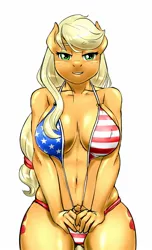Size: 1000x1650 | Tagged: suggestive, artist:cabrony, artist:pia-sama, derpibooru import, applejack, anthro, 4th of july, absolute cleavage, american flag bikini, amerijack, belly button, big breasts, bikini, breasts, busty applejack, cleavage, clothes, female, flag bikini, freckles, holiday, image, jpeg, looking at you, simple background, skindentation, solo, solo female, swimsuit, untied bikini