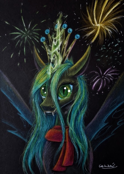 Size: 2457x3441 | Tagged: safe, artist:cahandariella, derpibooru import, queen chrysalis, bust, clothes, colored pencil drawing, crown, cute, fangs, fireworks, happy, image, jewelry, jpeg, looking at something, magic, newbie artist training grounds, regalia, scarf, smiling, solo, traditional art