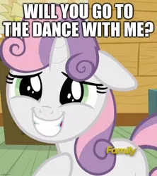 Size: 910x1024 | Tagged: safe, derpibooru import, edit, edited screencap, screencap, sweetie belle, bloom and gloom, caption, clubhouse, cropped, crusaders clubhouse, cute, floppy ears, image, image macro, jpeg, looking at you, smiling, smiling at you, solo, talking to viewer, text
