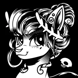 Size: 2100x2100 | Tagged: safe, artist:poxy_boxy, derpibooru import, oc, oc:void, unofficial characters only, pegasus, pony, black and white, black background, bust, ear piercing, earring, female, grayscale, high res, image, jewelry, laurel, mare, monochrome, nose piercing, nose ring, piercing, png, signature, simple background, smiling, solo