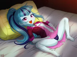 Size: 3086x2298 | Tagged: suggestive, artist:uotapo, sonata dusk, equestria girls, barefoot, bed, child, cleavage, clothes, cute, dress, fangs, feet, female, flashing, gem, happy, image, jewelry, jewerly, laying on bed, looking at you, necklace, on bed, open clothes, open mouth, png, ponytail, siren gem, solo, sonatabetes, teeth, underwear, younger
