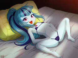 Size: 3086x2298 | Tagged: suggestive, artist:uotapo, banned from derpibooru, sonata dusk, equestria girls, almost nude, barefoot, bed, bikini, breasts, cameltoe, child, clothes, cute, fangs, feet, female, gem, happy, image, jewerly, laying on bed, lolicon, looking at you, on bed, open mouth, png, ponytail, siren gem, small breasts, sonatabetes, swimsuit, teeth, underage, younger